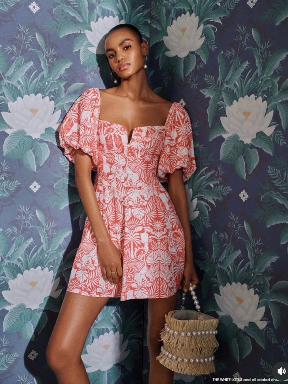 Bloomingdale’s white lotus Aqua Floral Puff-Sleeve Mini Dress in Coral Sz M